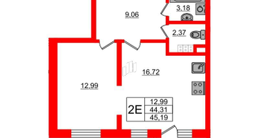 1-к. квартира, 44 м²