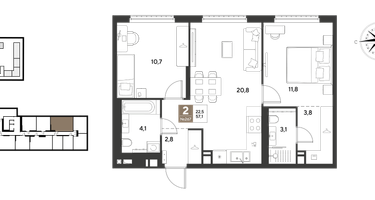2-к. квартира, 57&nbsp;м²