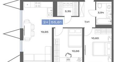 2-к. квартира, 55&nbsp;м²