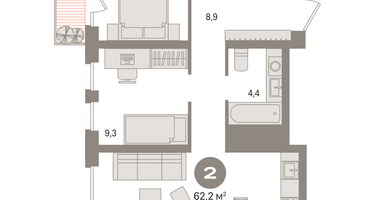 2-к. квартира, 62&nbsp;м²