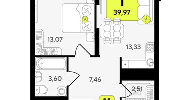 1-к. квартира, 39 м²