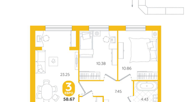 3-к. квартира, 58 м²