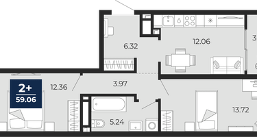 2-к. квартира, 57 м²