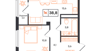 1-к. квартира, 38&nbsp;м²