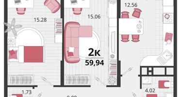 2-к. квартира, 59 м²