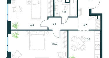 2-к. квартира, 62&nbsp;м²