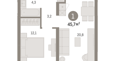 1-к. квартира, 45&nbsp;м²