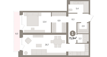 1-к. квартира, 71&nbsp;м²