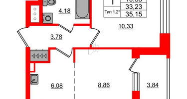 1-к. квартира, 33 м²
