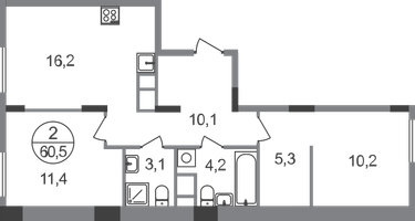 2-к. квартира, 60 м²