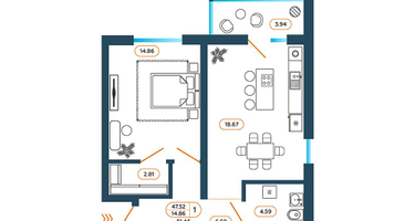 1-к. квартира, 51&nbsp;м²