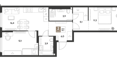 2-к. квартира, 58&nbsp;м²