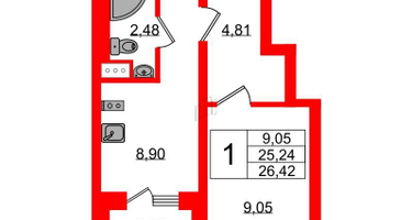 1-к. квартира, 25&nbsp;м²