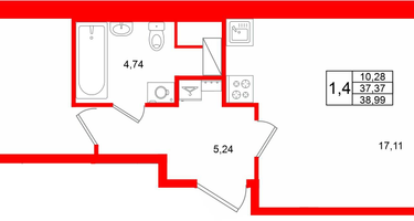 1-к. квартира, 37 м²