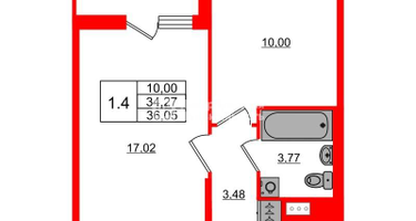 1-к. квартира, 34&nbsp;м²