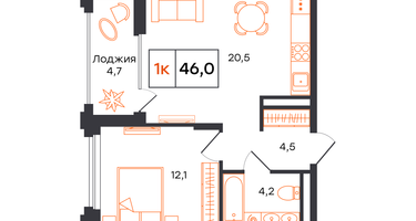 1-к. квартира, 46 м²