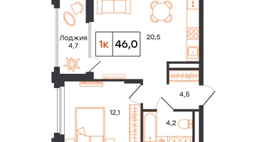 1-к. квартира, 46&nbsp;м²
