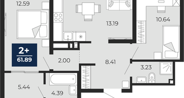 2-к. квартира, 59 м²
