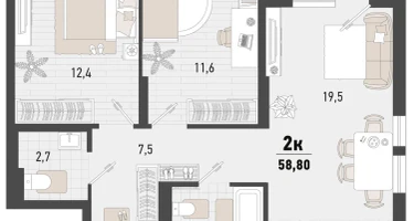 2-к. квартира, 57&nbsp;м²
