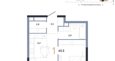 1-к. квартира, 45&nbsp;м²