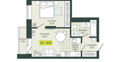 2-к. квартира, 37&nbsp;м²
