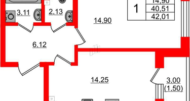 1-к. квартира, 42&nbsp;м²