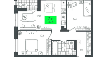 2-к. квартира, 55 м²