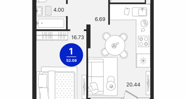 1-к. квартира, 52 м²