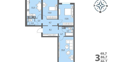 3-к. квартира, 86&nbsp;м²
