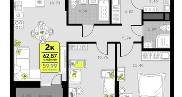 2-к. квартира, 62&nbsp;м²