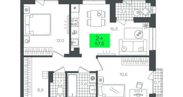 2-к. квартира, 57 м²