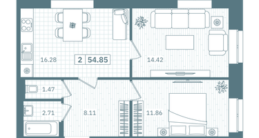 2-к. квартира, 54&nbsp;м²