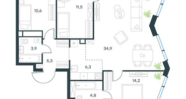 4-к. квартира, 92 м²