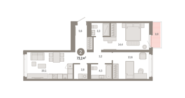 2-к. квартира, 73 м²