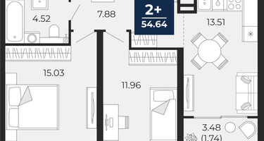2-к. квартира, 52&nbsp;м²