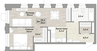 1-к. квартира, 50&nbsp;м²