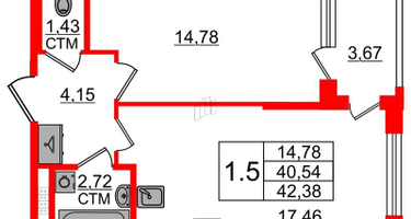 1-к. квартира, 40 м²