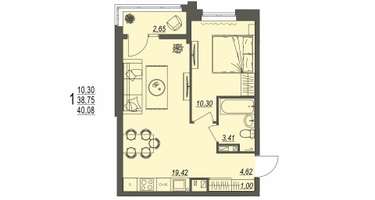1-к. квартира, 40&nbsp;м²