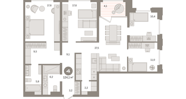 4-к. квартира, 124&nbsp;м²