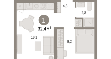 1-к. квартира, 32&nbsp;м²