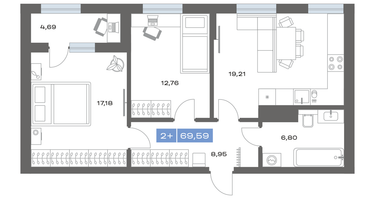 2-к. квартира, 69&nbsp;м²
