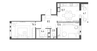 2-к. квартира, 57&nbsp;м²