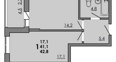 1-к. квартира, 43 м²