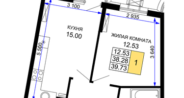 1-к. квартира, 39 м²