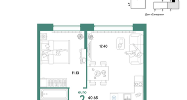 2-к. квартира, 40&nbsp;м²