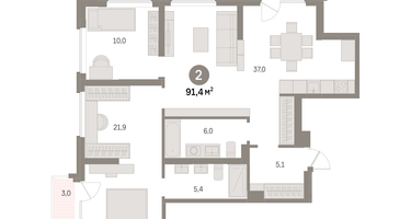 2-к. квартира, 91 м²