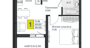 1-к. квартира, 35 м²