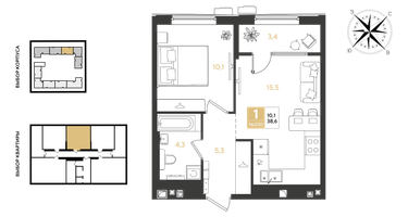 1-к. квартира, 38&nbsp;м²