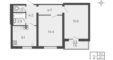 2-к. квартира, 54&nbsp;м²