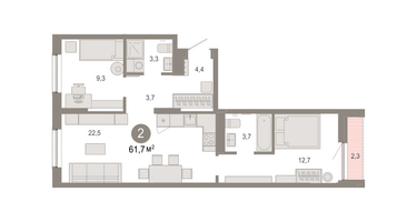2-к. квартира, 61 м²